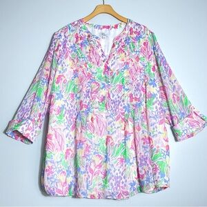 KIM ROGERS Womens Pastel Color Floral Print Roll-Tab Sleeve Chiffon Plus Size 3X